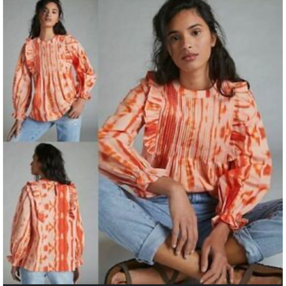 Samant Chauhan Anthropologie Style Ruffle Pintuck Blouse Tie Dye‎ Pleated Boho